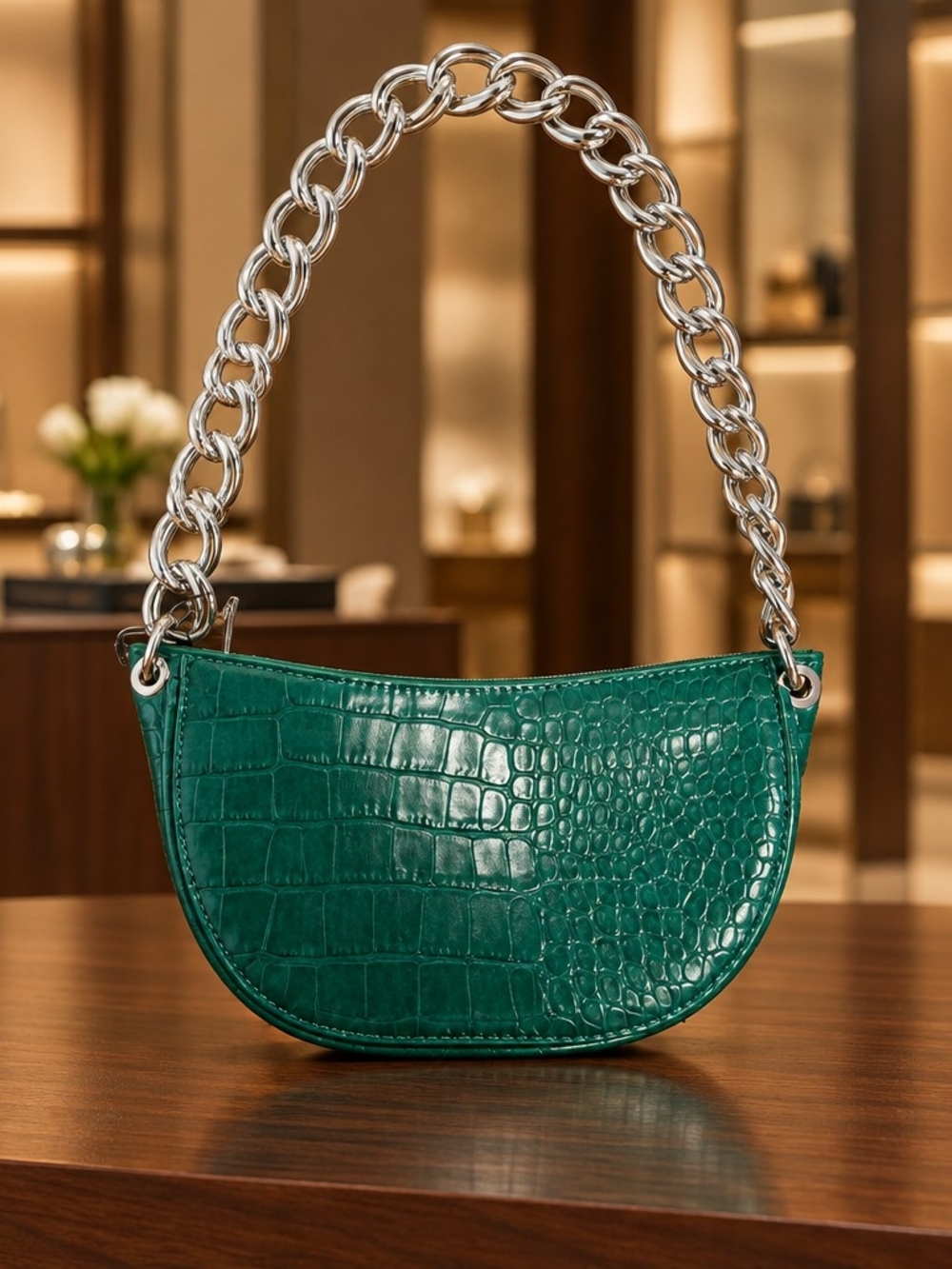 Zara Shoulder Bag Gold Chunky Chain Croc Green